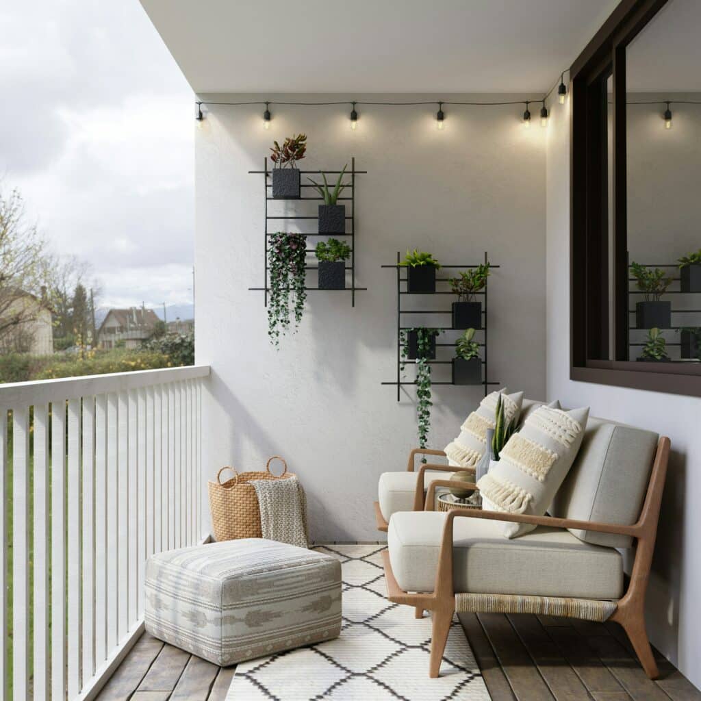 balcon scandinave tapis canapé pouf zen lumière plante mur soleil bois blanc conciergerie Airbnb location maison appartement